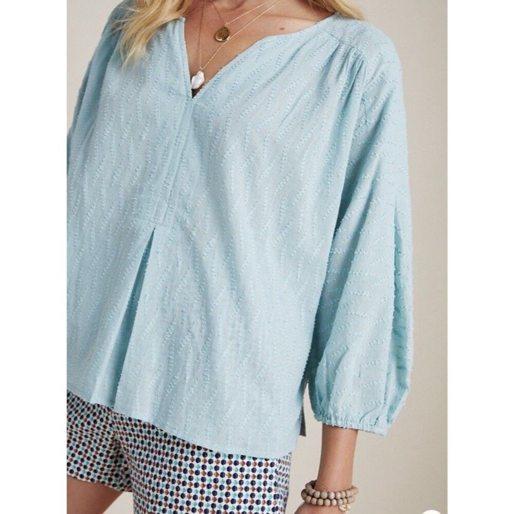 Anthropologie Dolan Swiss Dot Top Size Medium Blue 3/4 Sleeve Cotton V Neck